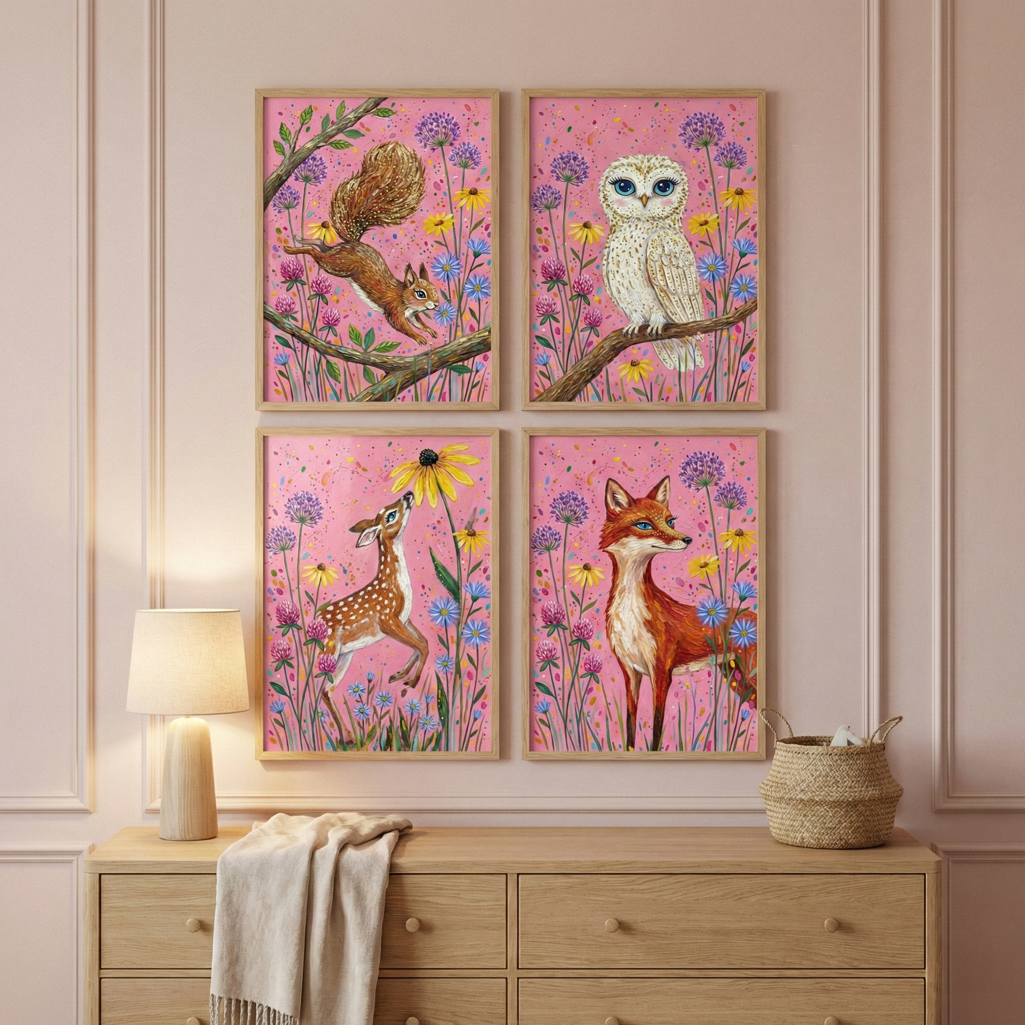 Woodland Animals Print Set of 4 - Pink Meadow Friends