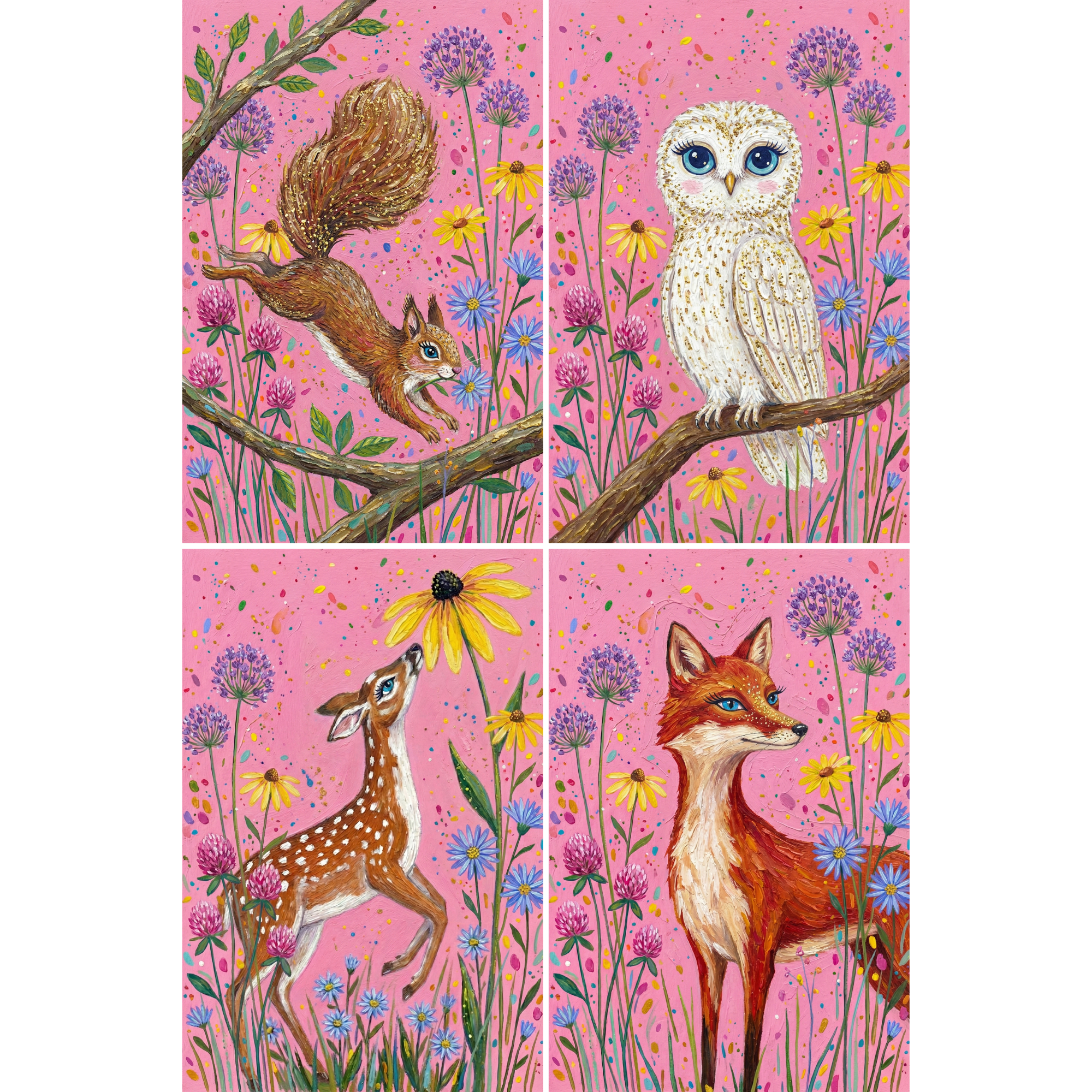 Whimsical four panel illustration of woodland animals surrounded by colorful wildflowers on a bright pink background with paint splatters. A squirrel leaps along a tree branch with a flower while a white owl perches nearby and a spotted fawn reaches toward a yellow coneflower beside a red fox standing alert in the meadow.