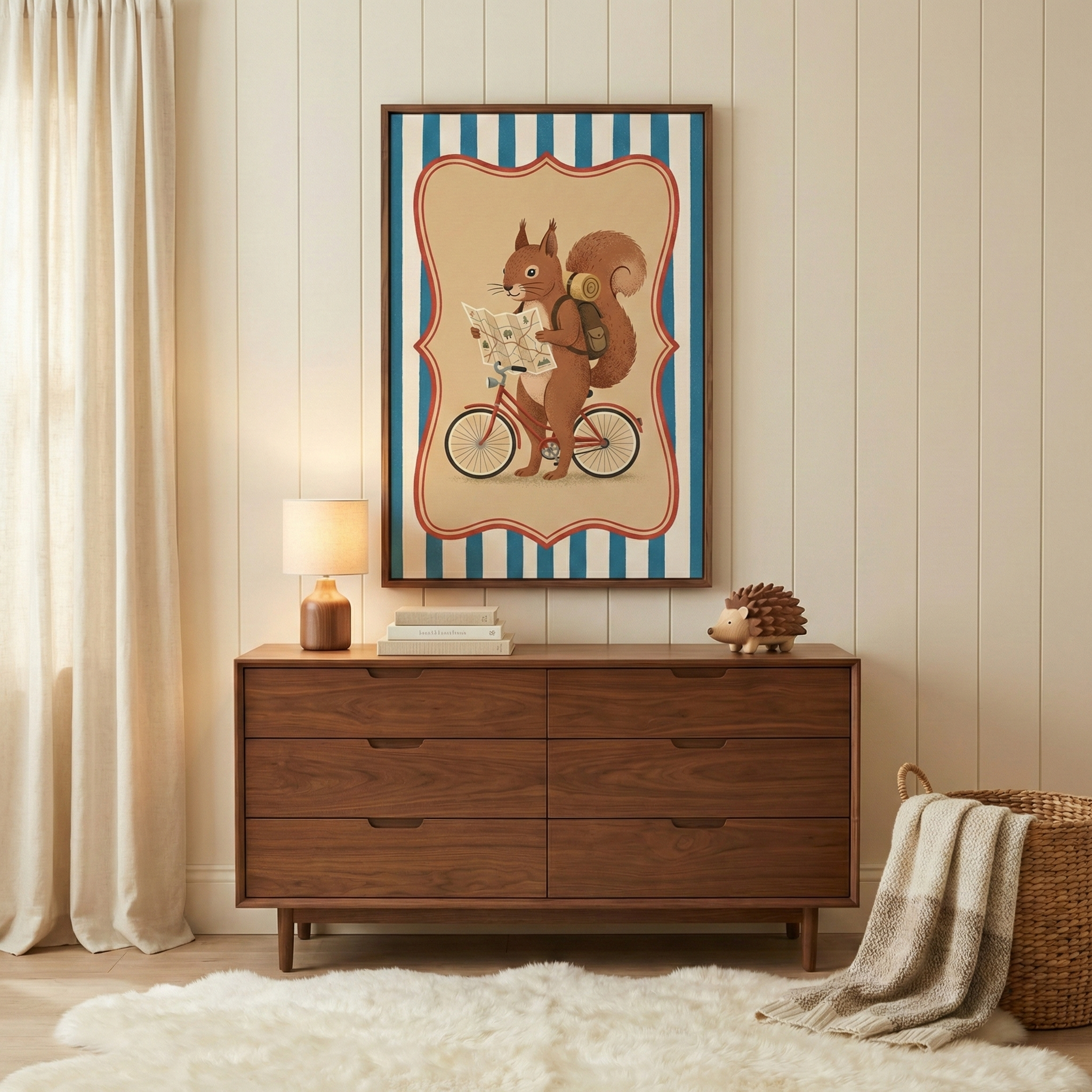 "A cozy room featuring a large framed vertical illustration centered on a light-colored, wood-paneled wall. The artwork depicts a whimsical brown squirrel riding a red bicycle and looking at an open map while wearing a small backpack. The squirrel is within a decorative border against a background of bold blue and white vertical stripes. 

Below the art is a mid-century modern wood dresser with six drawers and tapered legs. On the dresser sits a small lamp with a neutral shade, a stack of two books, and a s