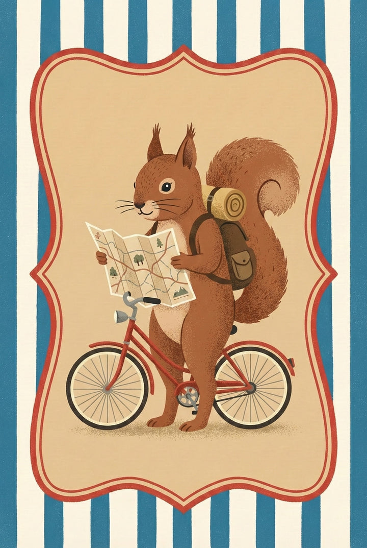 A red squirrel with a backpack and rolled-up sleeping mat studies a map beside a red bicycle, set against a striped backdrop with a vintage label frame.
