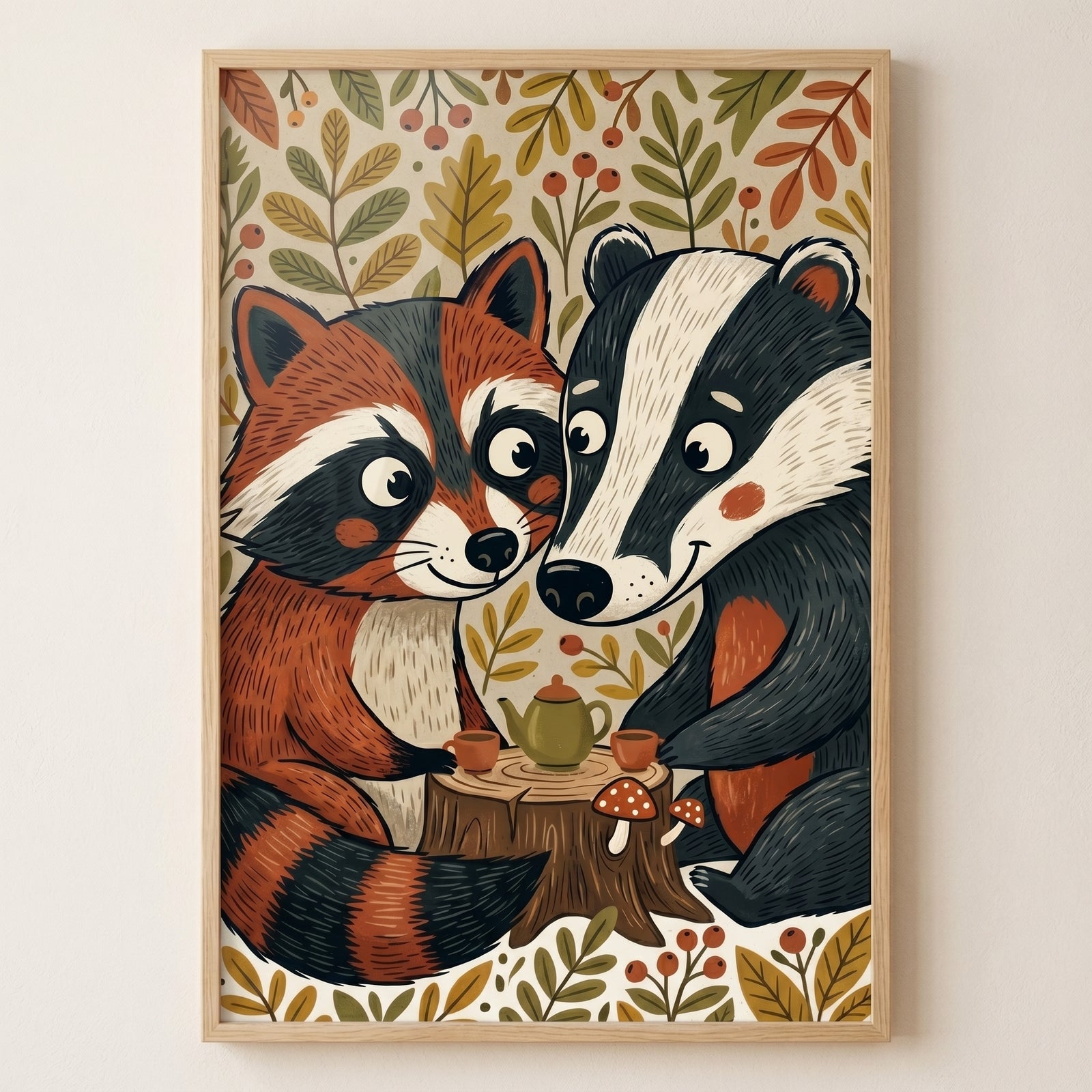 A raccoon and badger share tea on a stump in this woodland tea raccoon badger animals wall art surrounded by autumn leaves.