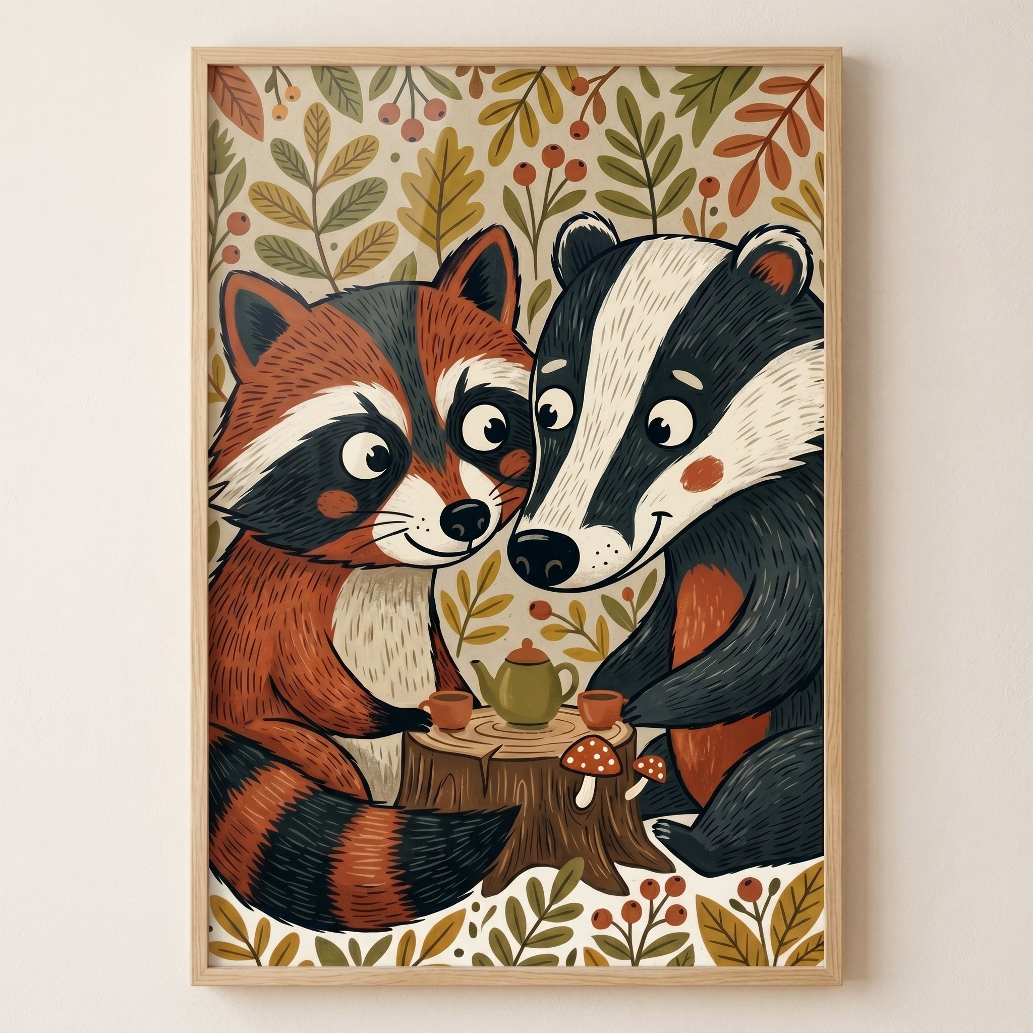 Woodland Tea Raccoon Badger Animals Wall Art - Woodland Tea Party