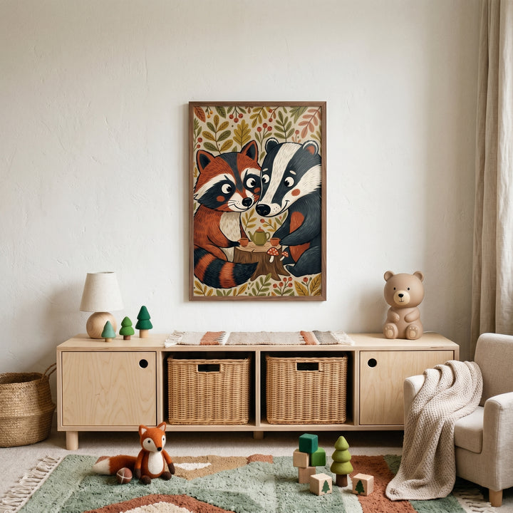 Woodland tea raccoon badger animals wall art hangs above a wooden bench in a nursery with toys and a bear lamp.