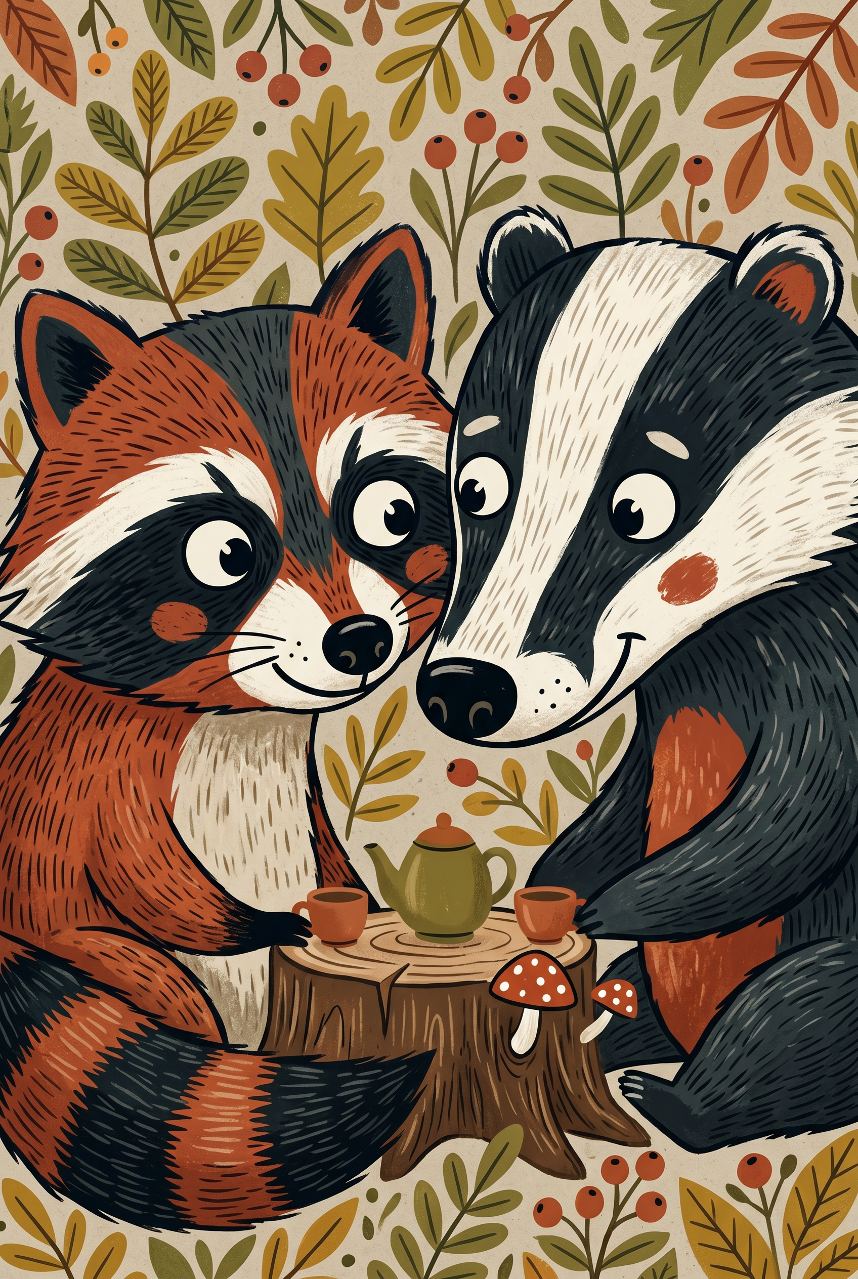 Woodland Tea Raccoon Badger Animals Wall Art - Woodland Tea Party