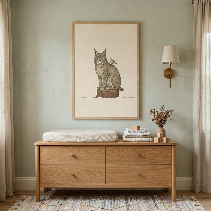A wooden dresser sits below woodland tree stump lynx wall art in a green nursery with a wall lamp and neutral curtains.