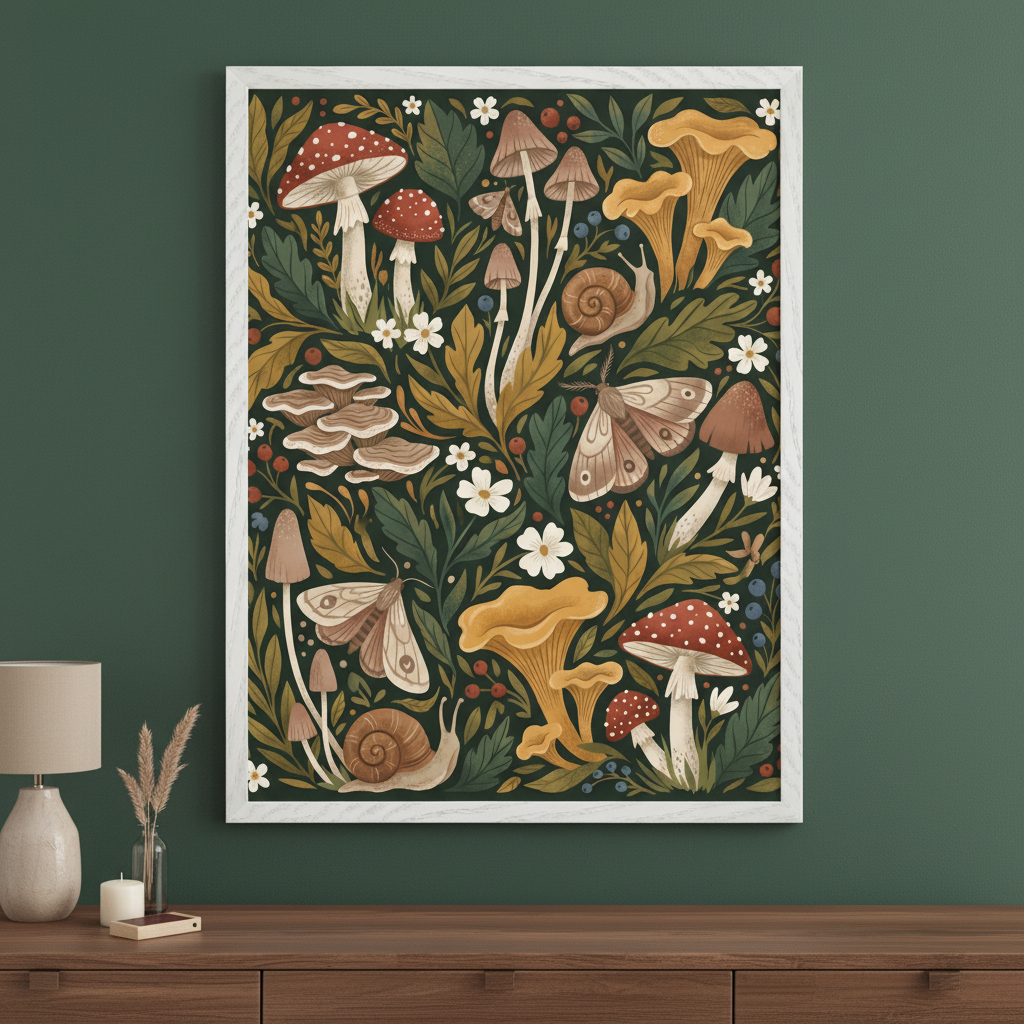 Cozy room with a dark green wall. A large white-framed dark-themed forest illustration featuring mushrooms, moths, and snails hangs above a wooden dresser with a lamp, vase, candle, and book.