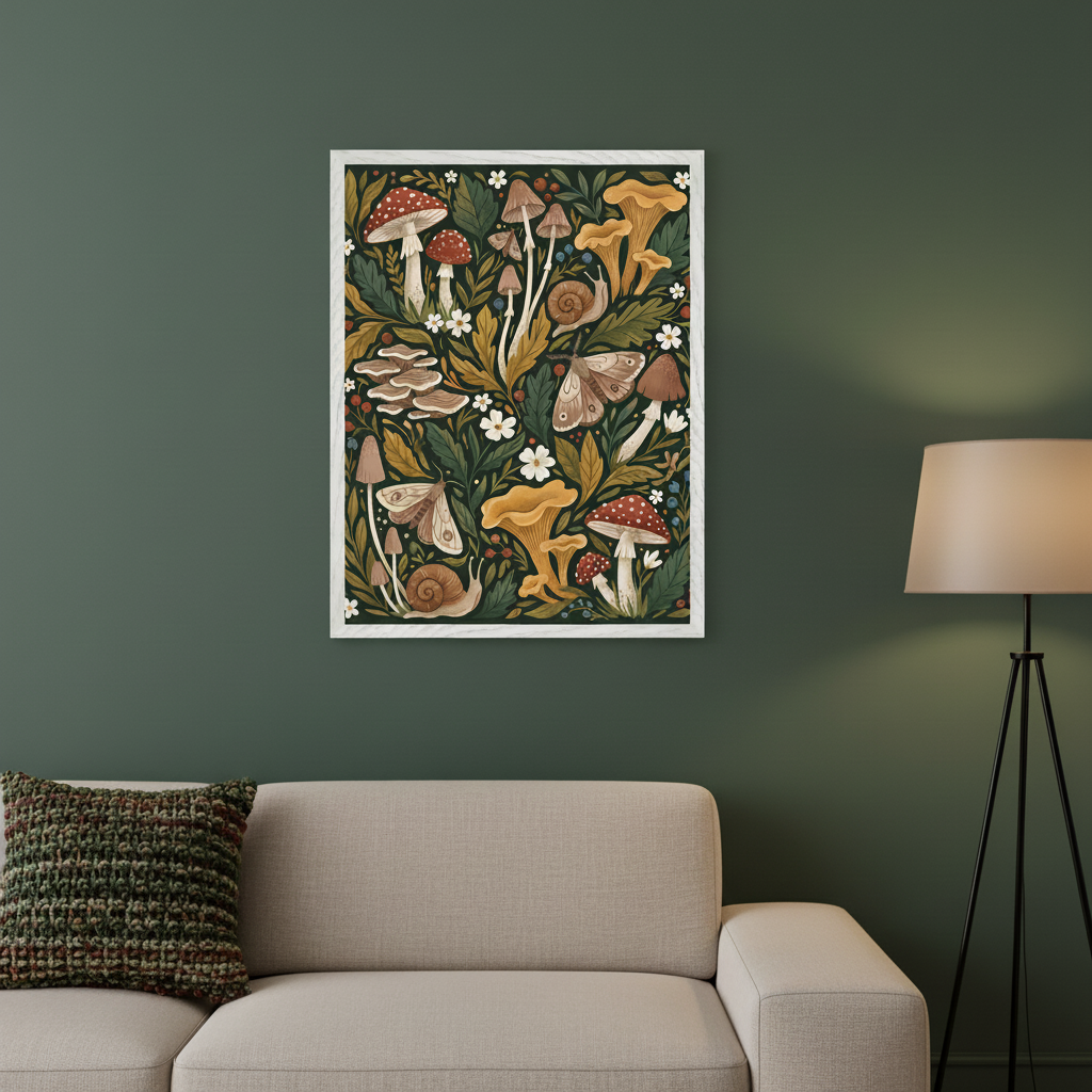 Living room with dark green walls and a beige sofa. A framed folk art print of mushrooms, snails, and moths with leaves and flowers hangs above the sofa, to the left of a floor lamp.