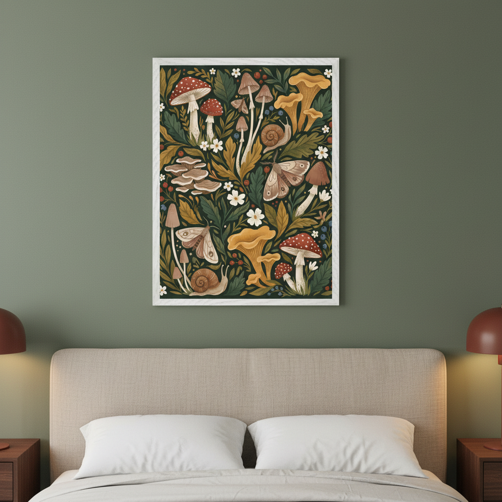 Modern bedroom with a bed and light headboard against a dark green wall. Two nightstands with lamps flank the bed. A framed vertical print of illustrative mushrooms, moths, snails, and flowers on dark foliage hangs centered above the bed.