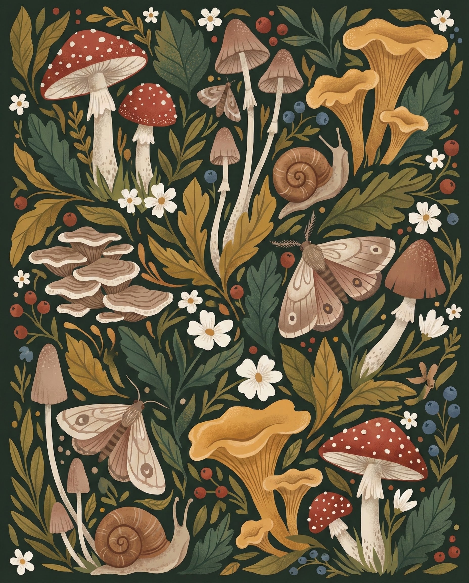 A beautiful, detailed illustration of mushrooms, snails, and moths set against a dark background, capturing the intricate beauty of forest life with a mix of earthy tones and soft, natural elements.
