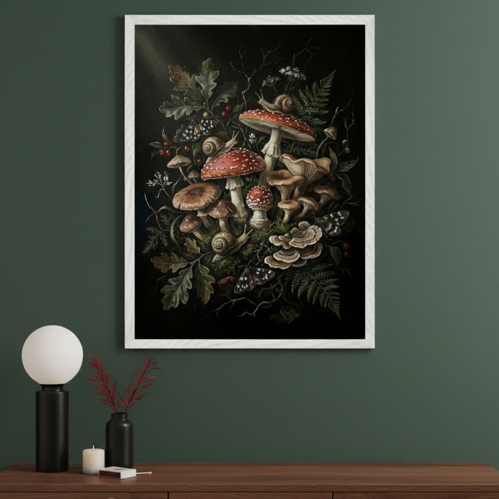 Modern room with a wooden dresser. A white-framed botanical illustration of various mushrooms, snails, and moths on a dark background hangs centered above the dresser.