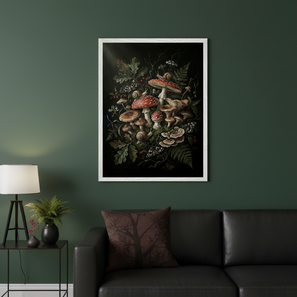 Living room with a dark green wall and black leather sofa. A framed art print of various mushrooms, foliage, snails, and butterflies on a dark background hangs above the sofa. A black side table with a white lamp and plant sits to the left.