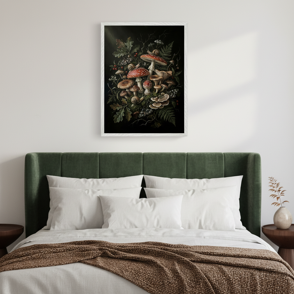 A vertical framed botanical illustration print featuring red and white spotted mushrooms, other fungi, green leaves, berries, and snails on a dark background hangs above a bed with a dark green upholstered headboard and white bedding in a modern bedroom.