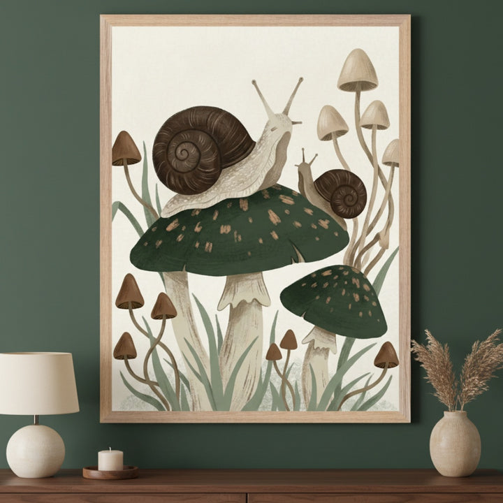 Cozy living space with a dark wooden credenza. A framed nature-inspired illustration of two snails on green spotted mushrooms with smaller brown mushrooms and grass hangs centered above the credenza.