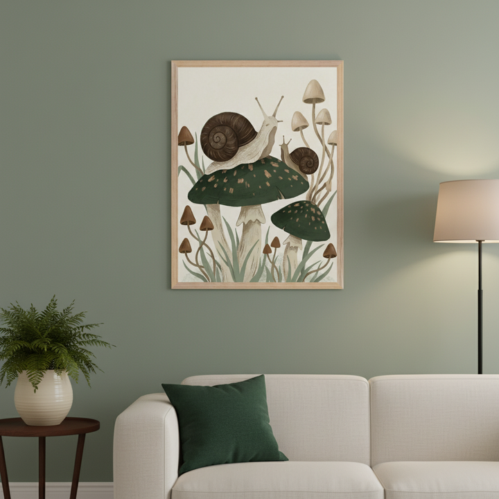 Living room with a white sofa and green pillow. A light wood framed illustrative print featuring snails on green mushrooms, surrounded by smaller fungi and grass, hangs on a green wall above the sofa, next to a floor lamp.
