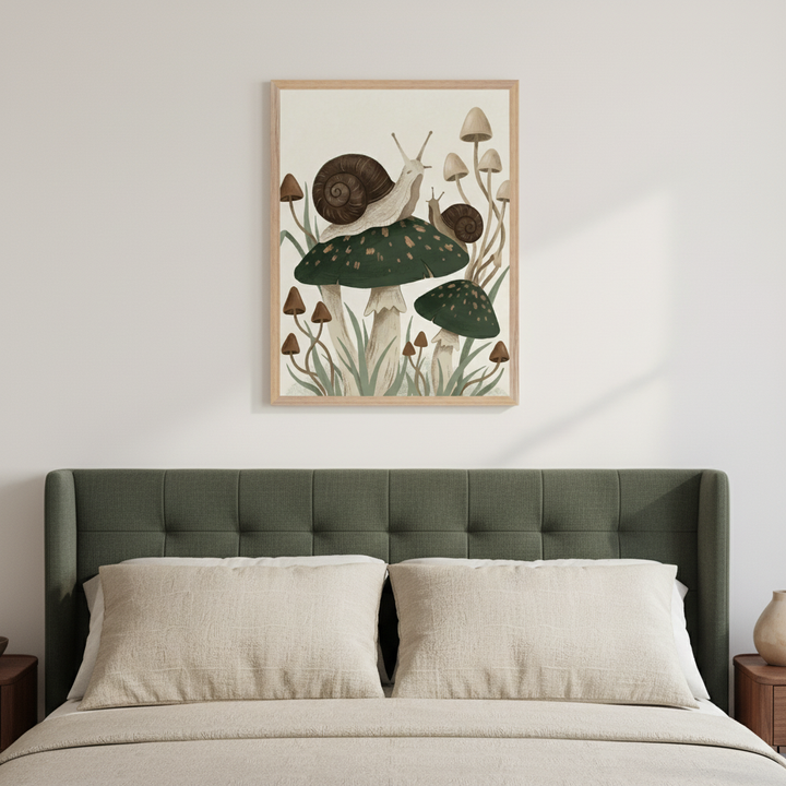 Modern bedroom with a dark green upholstered bed and light beige bedding. A framed illustration featuring two snails on large green mushrooms with smaller brown mushrooms and grass hangs centered above the bed.