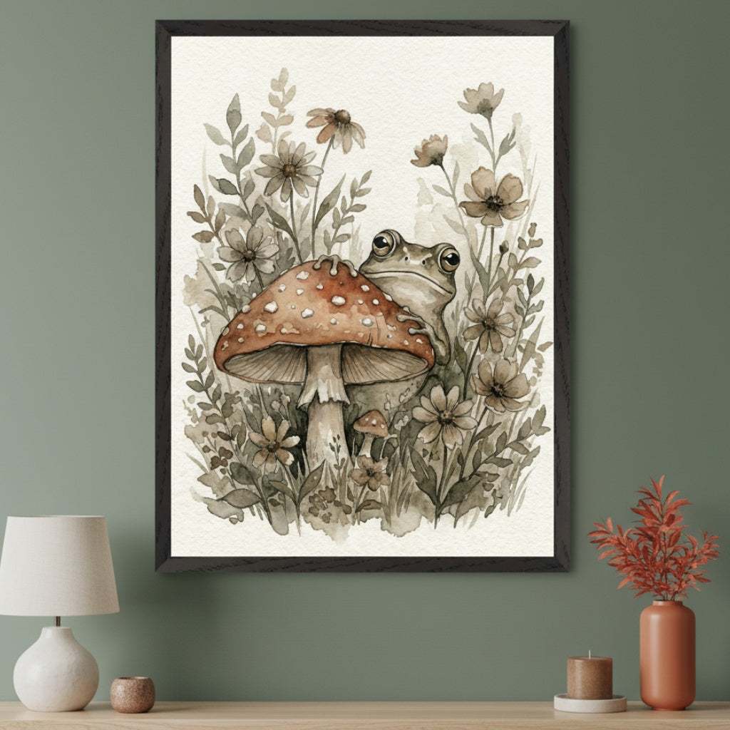 Modern living room with a light wood console table against a sage green wall. A large framed watercolor painting of a frog behind a red mushroom, surrounded by sepia flowers and leaves, hangs above the table.