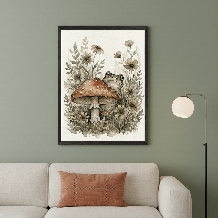 Modern living room with a beige sofa and rust-colored pillow. A framed watercolor painting of a frog peeking from behind a red-spotted mushroom amidst brown flowers and foliage hangs above the sofa. A floor lamp is to the right.