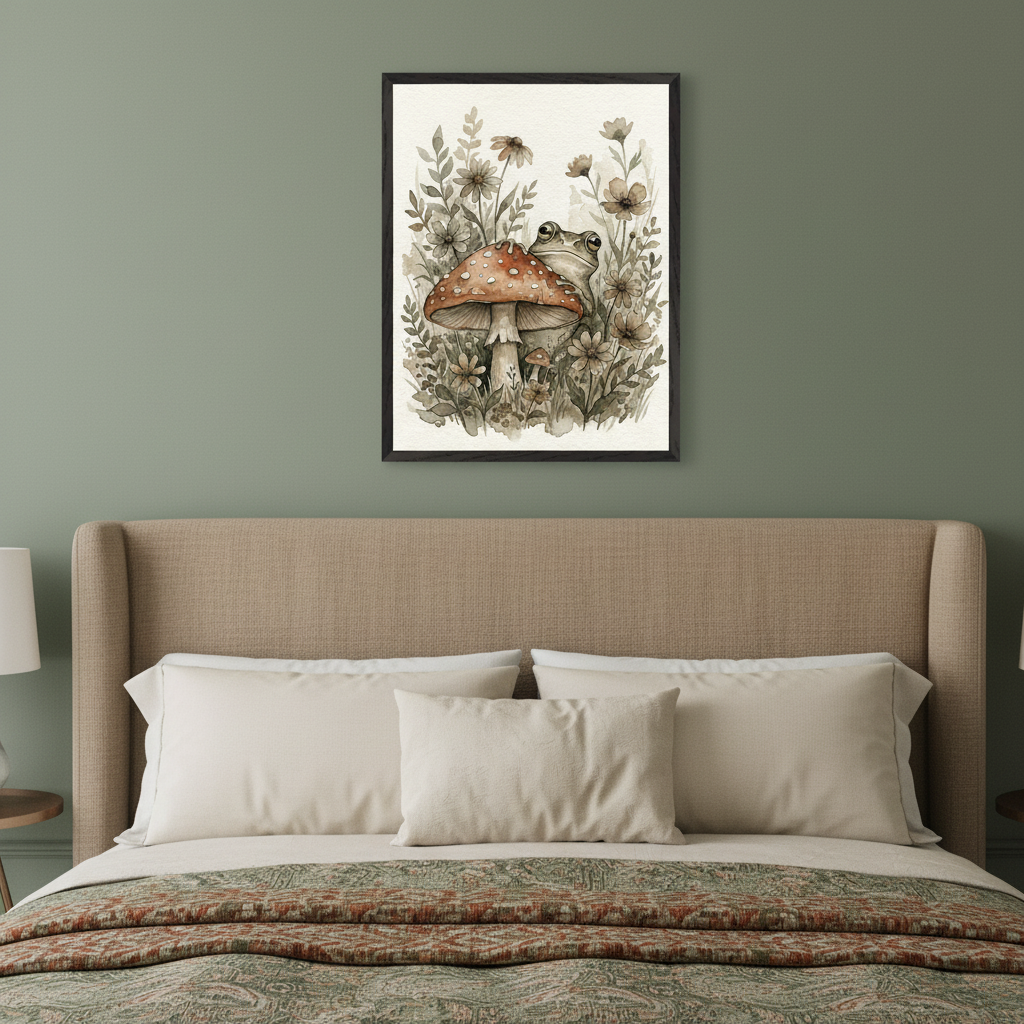 Bedroom with a beige upholstered bed. A framed watercolor illustration of a red-spotted mushroom, a frog, and foliage hangs centered above the bed.