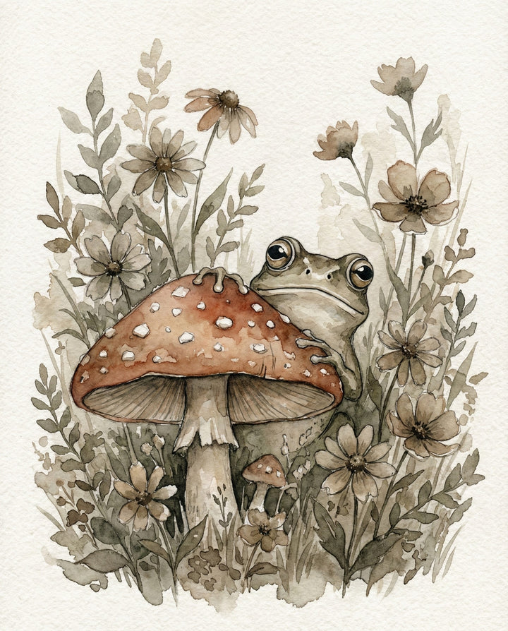 A watercolor illustration featuring a frog sitting next to a vibrant red mushroom, surrounded by soft, muted flowers. This serene nature artwork brings a calm and natural aesthetic, perfect for nature lovers and those who enjoy a peaceful, rustic vibe.
