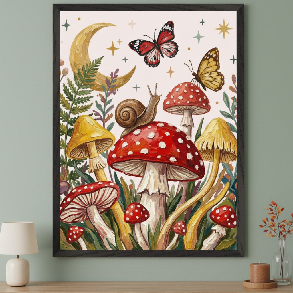 Modern room with a light green wall and a wooden console table. A large framed whimsical forest illustration hangs above the table, depicting red and yellow mushrooms, a snail, two butterflies, a golden crescent moon, and green foliage. A white lamp, a candle, and a vase with autumn branches are on the table.
