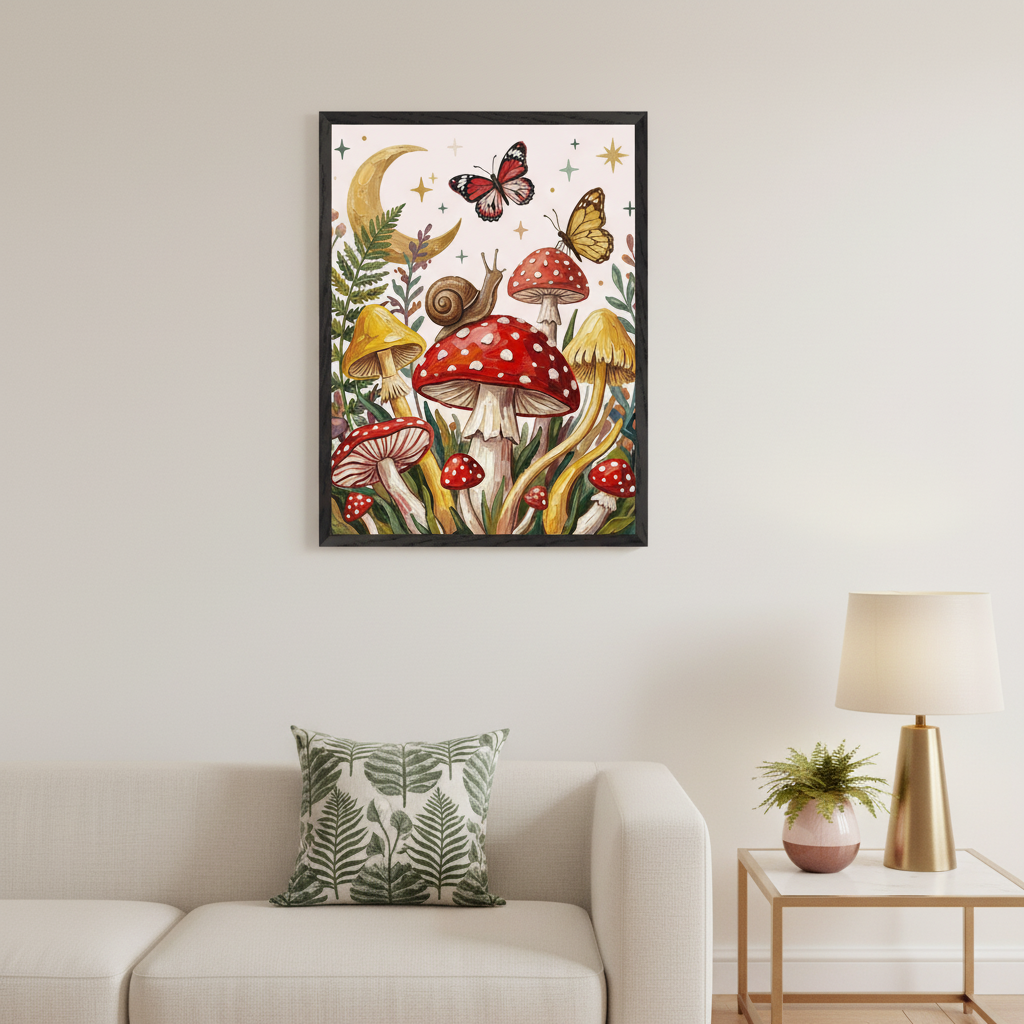 Modern living room with a light sectional sofa. A framed watercolor-style illustration of red and yellow mushrooms, butterflies, a snail, foliage, and a crescent moon hangs above the sofa.