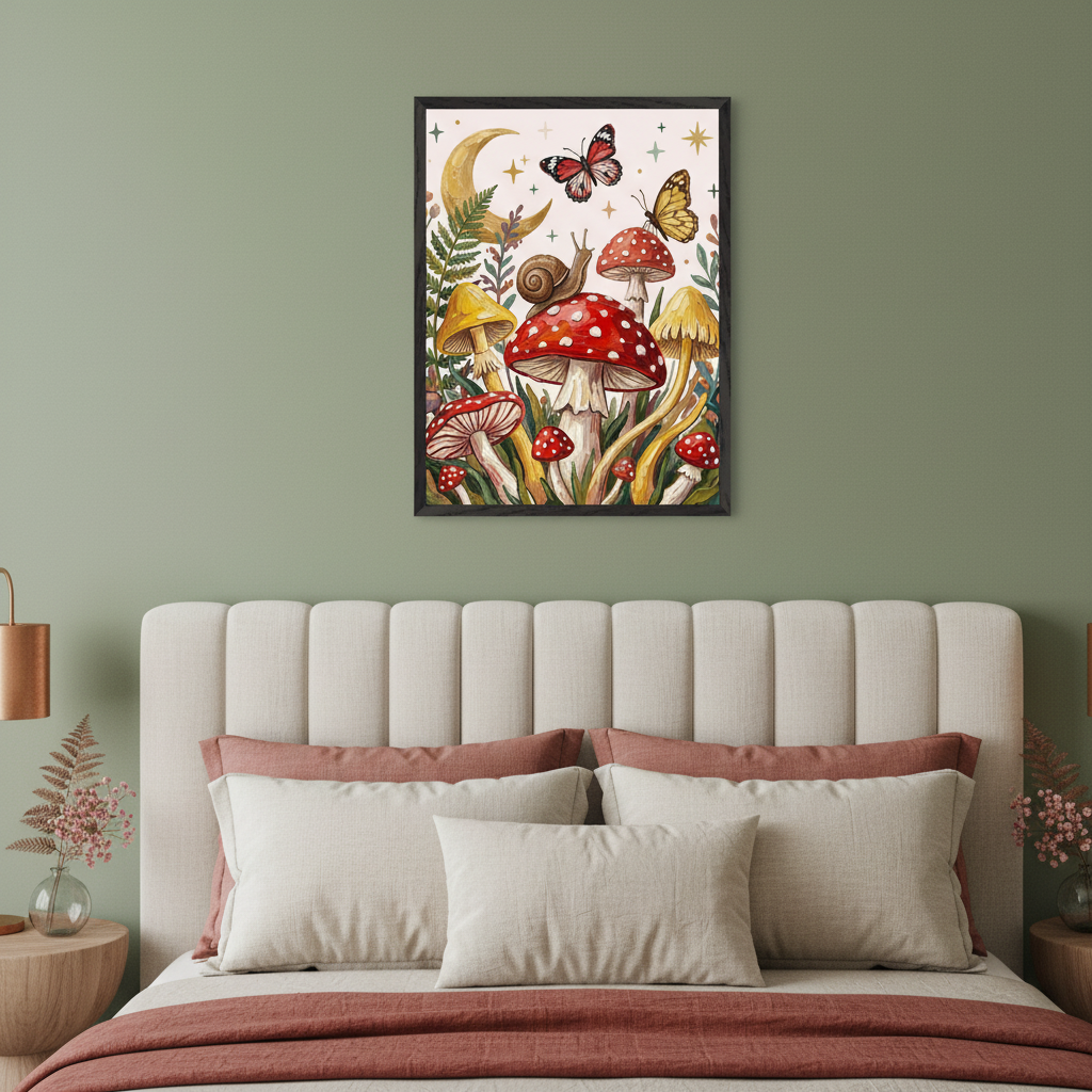 Modern bedroom with a sage green wall and a light beige padded bed. A framed watercolor-style illustration hangs centrally above the bed, depicting a forest scene with various mushrooms, a snail, ferns, a golden crescent moon, and two butterflies.