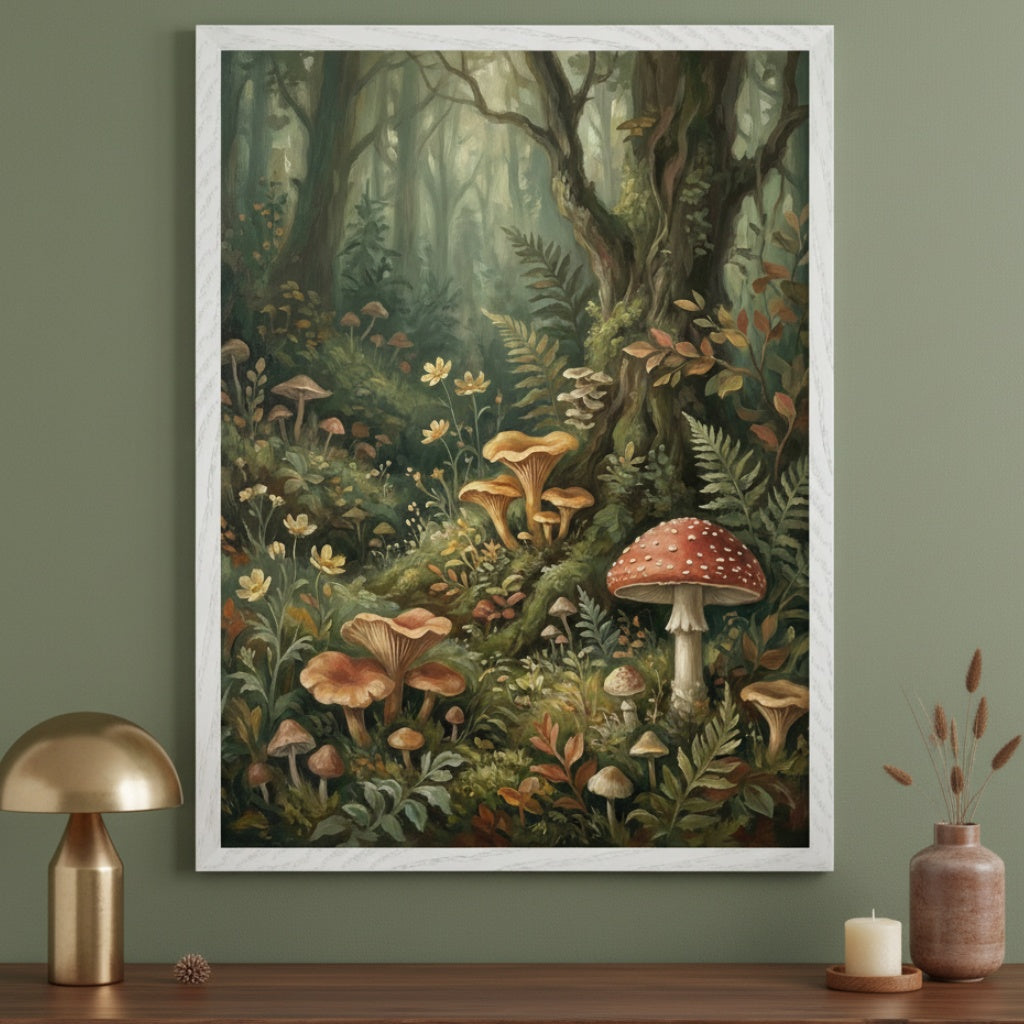 Modern living room with a wooden table. A large framed painting of a lush forest floor with various mushrooms, green ferns, and yellow flowers, including a prominent red fly agaric, hangs above the table. A golden lamp, candle, and vase are on the table.