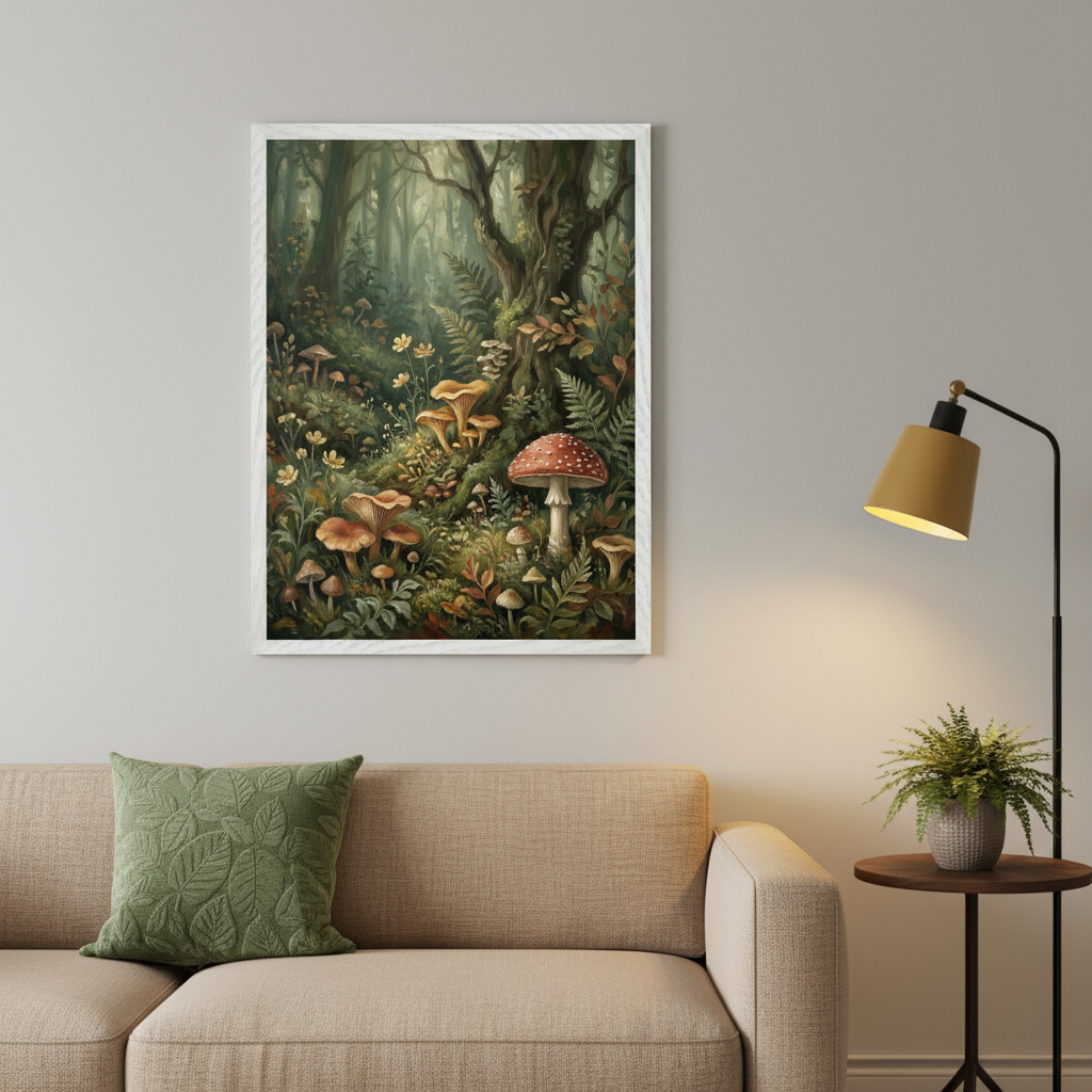 Living room with a beige sofa and green pillow. A framed painterly artwork depicting a detailed forest floor with mushrooms, ferns, and flowers hangs above the left side of the sofa. A floor lamp and wooden side table are to the right.