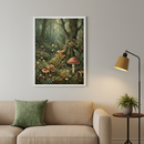 Living room with a beige sofa and green pillow. A framed painterly artwork depicting a detailed forest floor with mushrooms, ferns, and flowers hangs above the left side of the sofa. A floor lamp and wooden side table are to the right.