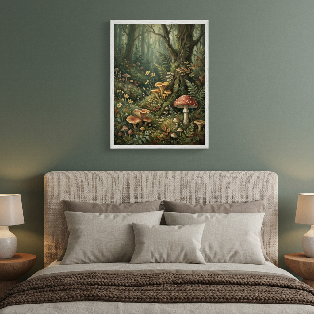 Bedroom with a beige upholstered bed, two wooden nightstands, and lamps. A framed painting of a forest floor with mushrooms, ferns, and flowers, in a detailed, painterly style, hangs centered on the dark green wall above the bed.
