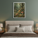 Bedroom with a beige upholstered bed, two wooden nightstands, and lamps. A framed painting of a forest floor with mushrooms, ferns, and flowers, in a detailed, painterly style, hangs centered on the dark green wall above the bed.