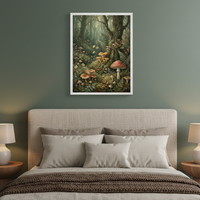 Bedroom with a beige upholstered bed, two wooden nightstands, and lamps. A framed painting of a forest floor with mushrooms, ferns, and flowers, in a detailed, painterly style, hangs centered on the dark green wall above the bed.