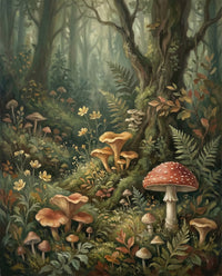 A captivating painting of a mystical forest filled with various mushrooms in rich autumnal hues, surrounded by lush green ferns and delicate flowers. The scene features soft sunlight filtering through the trees, creating a tranquil, enchanting atmosphere that appeals to nature lovers of all ages.
