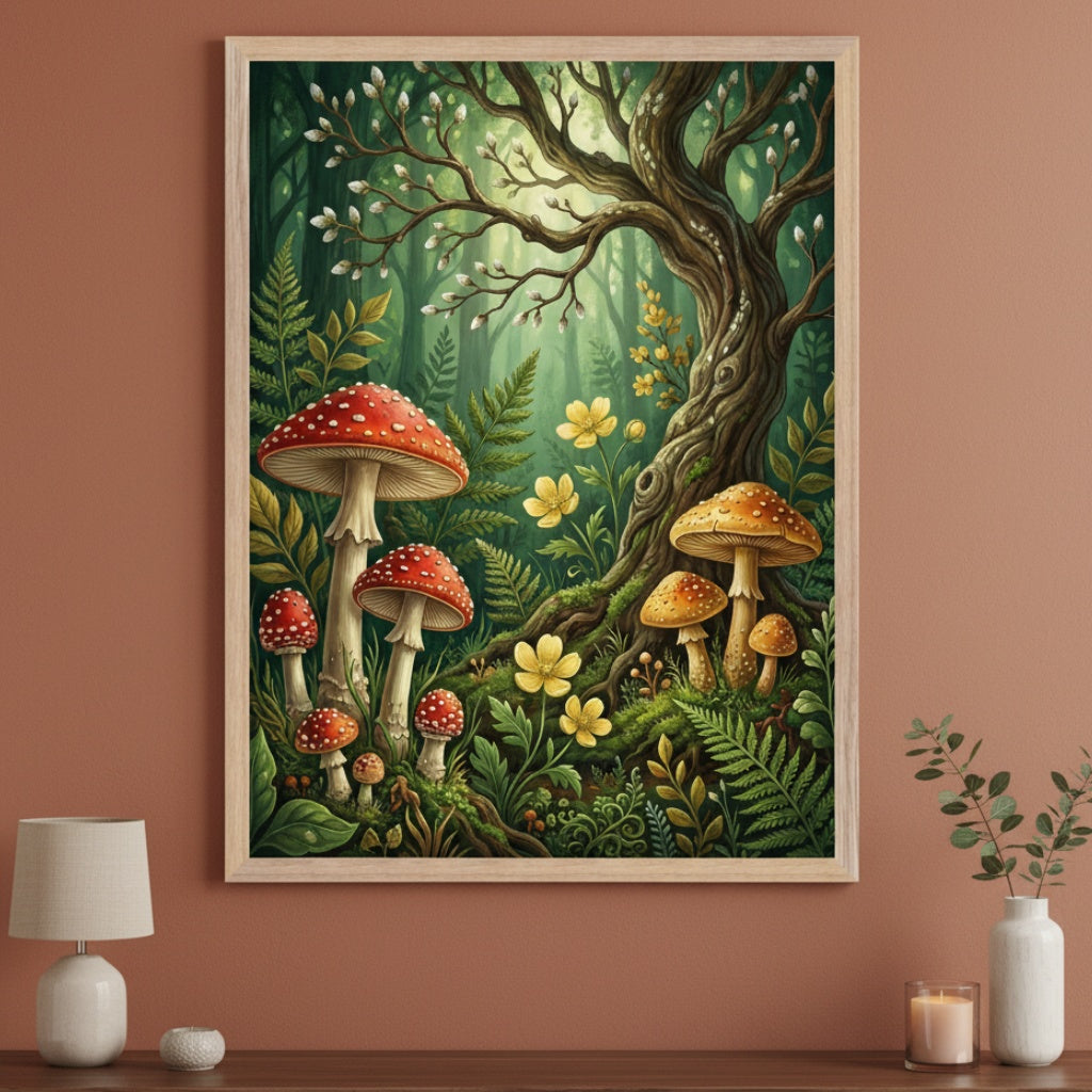 Living room with a dark wooden table. A large framed illustration of a vibrant forest scene with red spotted mushrooms, yellow flowers, and a gnarled tree hangs centered above the table. A white lamp, candle, and vase are on the table.