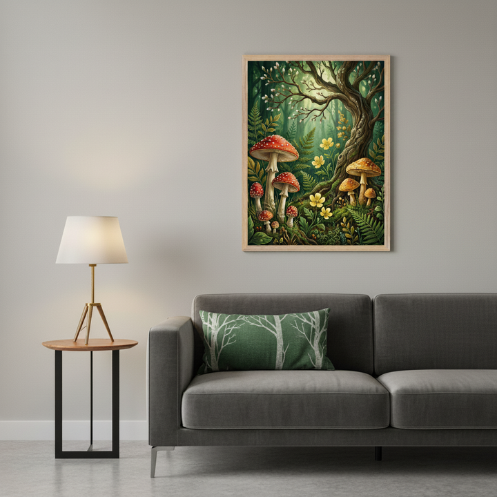 Modern living room with a gray sofa. A framed illustration of a forest scene featuring red and yellow mushrooms, ferns, and yellow flowers under a large tree hangs above the right side of the sofa. A side table with a lamp is to the left.