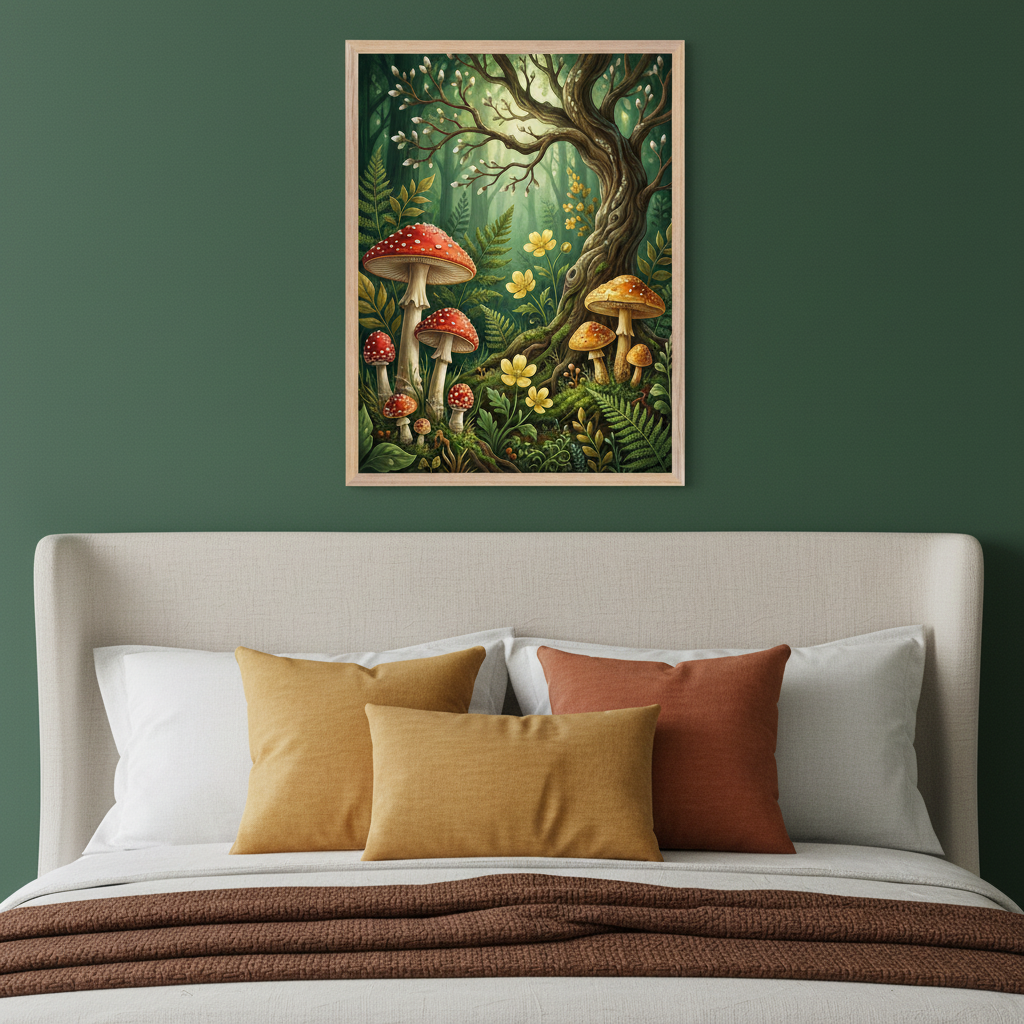 Modern bedroom with a beige upholstered bed and yellow and terracotta pillows. A framed illustrative painting of a forest scene with a large tree, white blossoms, ferns, yellow flowers, and red and orange mushrooms hangs above the bed.