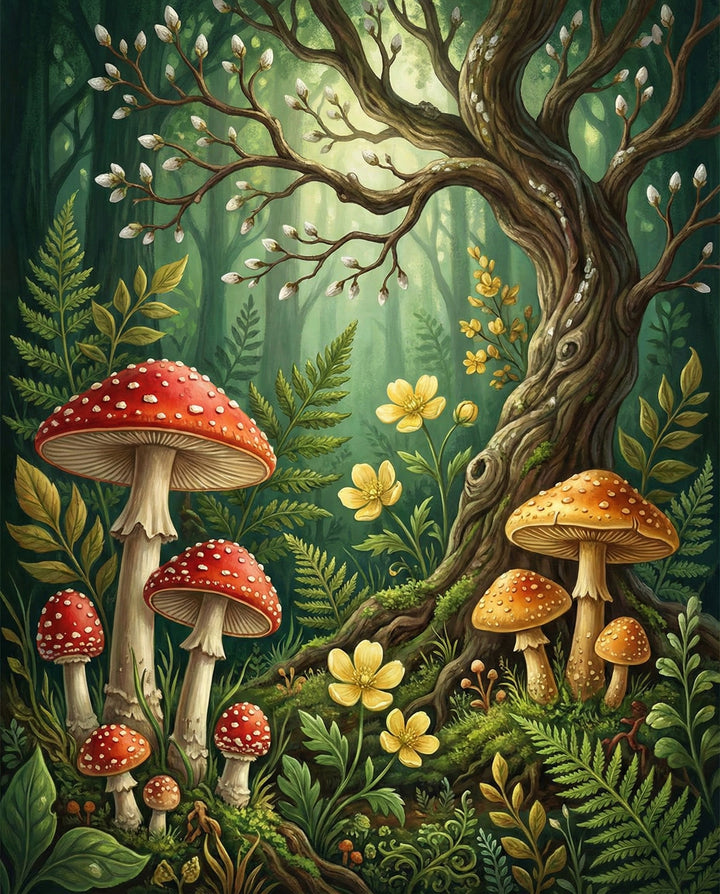 A vibrant, detailed illustration of a forest scene featuring bright red and yellow mushrooms, ferns, and delicate yellow flowers surrounding an ancient tree. The warm, glowing light enhances the whimsical charm of this nature-inspired artwork, perfect for bringing a magical touch to any space.
