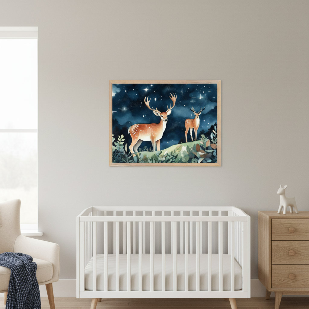 Modern nursery with a white crib and a wooden dresser. A cream armchair is on the left. A framed watercolor painting of two deer in a starry night forest hangs above the crib.