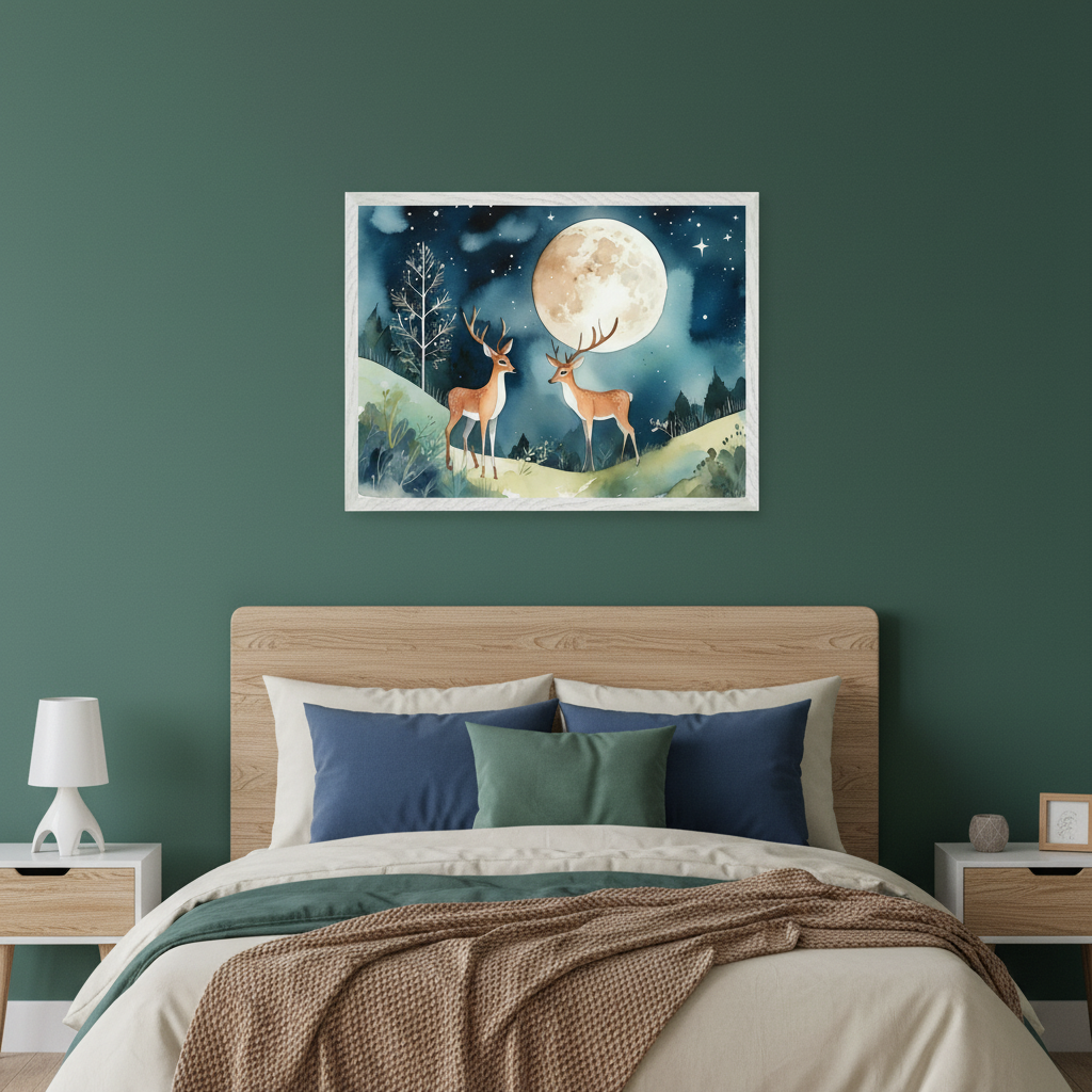 Modern bedroom with a wooden bed, nightstands, and dark green walls. A framed watercolor painting of two deer on hills under a full moon and starry sky hangs above the bed.