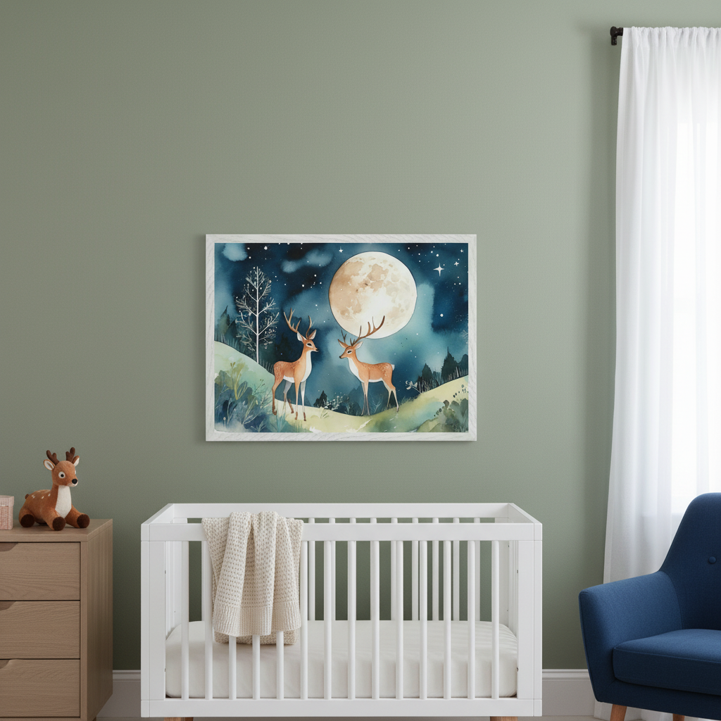Modern nursery with a white crib, wooden dresser, and blue armchair. A framed watercolor painting of two deer in a moonlit forest hangs above the crib.