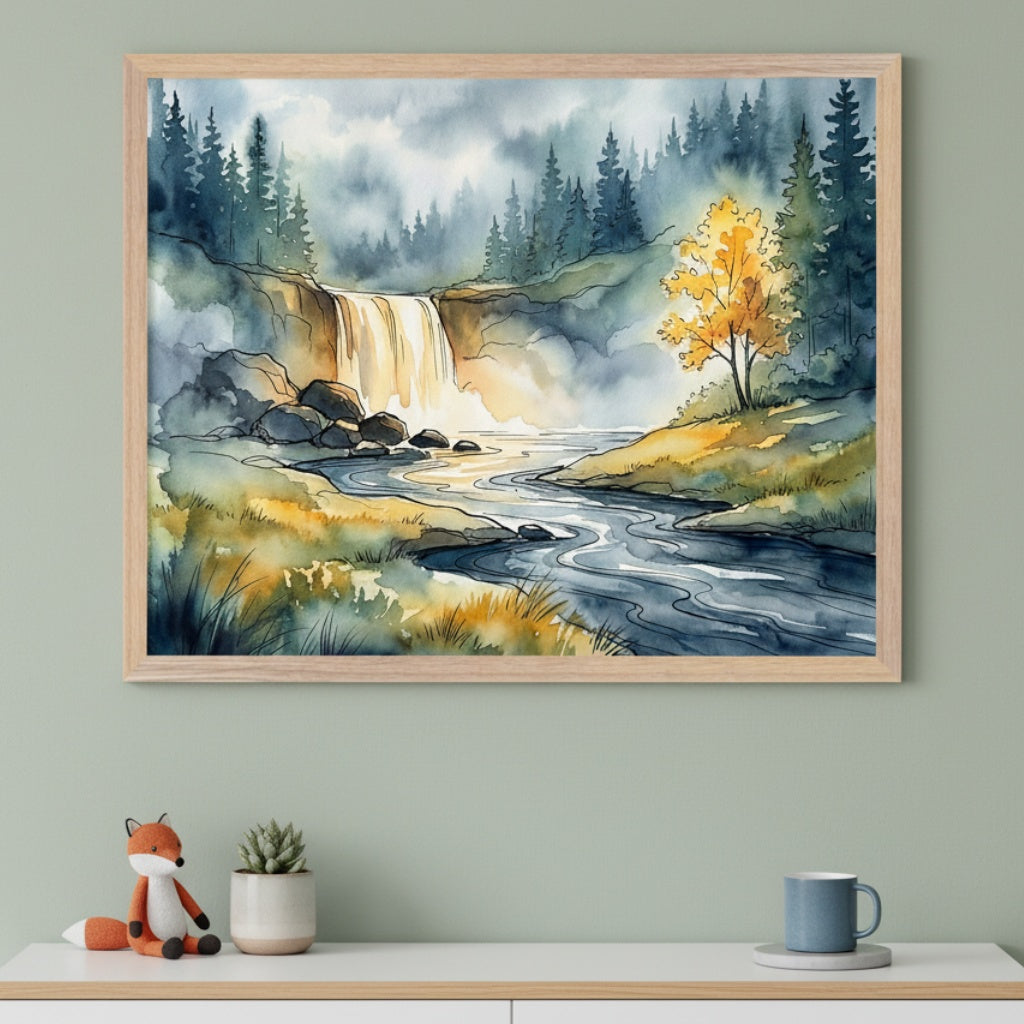 Modern room with a sage green wall and a white cabinet with a wooden top. A large framed watercolor painting of a waterfall in a forest with a winding river and a yellow tree hangs above the cabinet. A plush fox, a succulent, and a blue mug are on the cabinet.