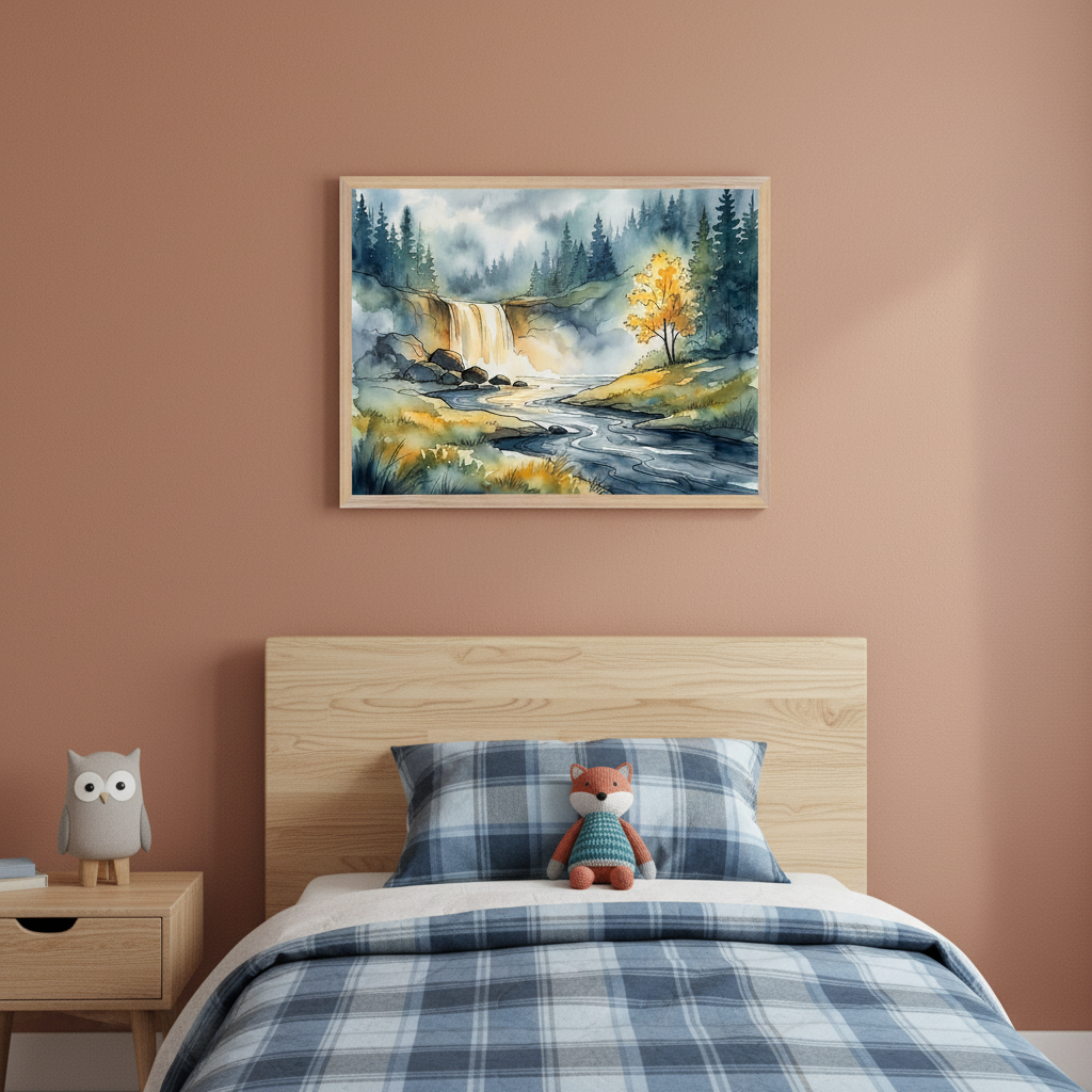 Kid's bedroom with a wooden bed and blue plaid bedding. A nightstand holds an owl plush to the left. Above the bed, a framed watercolor painting shows a forest with a waterfall, river, and autumn tree. A fox plush rests on the bed.