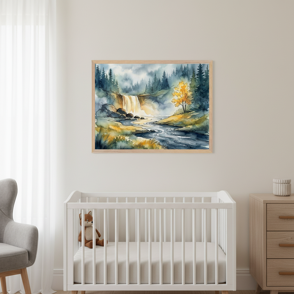 Modern nursery with a white crib, gray armchair, and wood dresser. A large framed watercolor painting of a waterfall in a forest with a river and a yellow tree hangs above the crib.
