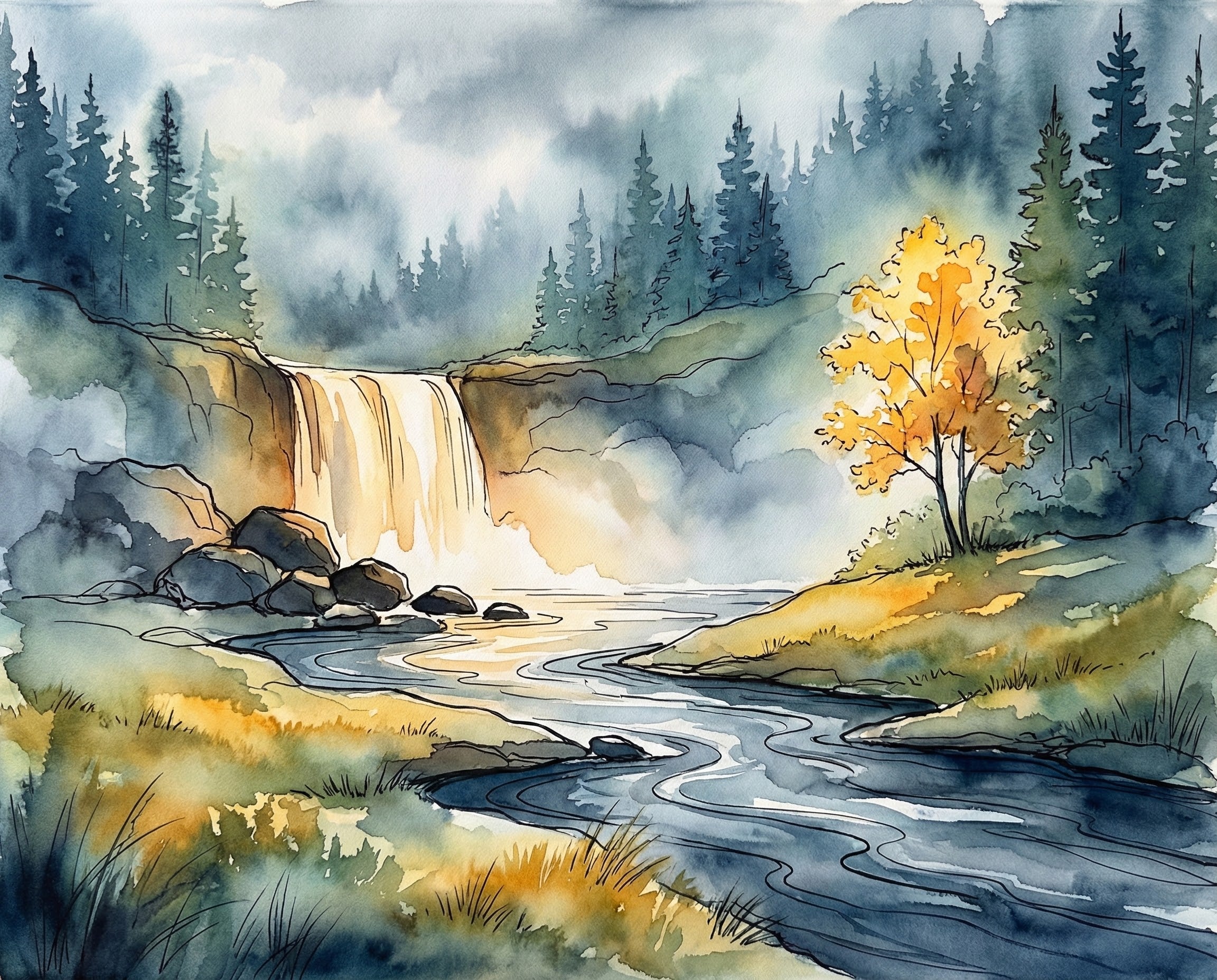 Watercolor painting of a glowing autumn tree beside a flowing river with a golden waterfall and moody forest background capturing peaceful forest wall art vibes
