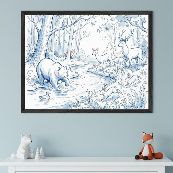 Kid's room with a light blue wall and a white dresser. Above the dresser hangs a framed blue and white watercolor illustration of a forest scene with a bear, deer, rabbits, duck, owl, and foxes by a stream. A white bear figurine, two white trees, and a fox plush are on the dresser.