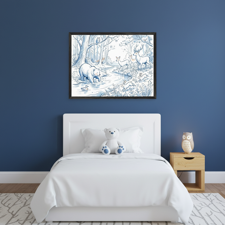 Kid's bedroom with a white bed and headboard against a blue wall. A large framed blue-and-white forest illustration featuring a bear, deer, rabbits, and other animals hangs above the bed. A wooden nightstand with an owl lamp is to the right.