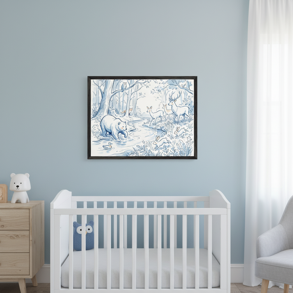 Modern nursery with light blue walls. A large black-framed blue and white sketch of forest animals by a stream hangs above a white crib and light wooden dresser. A white bear lamp is on the dresser, and a gray armchair is to the right.
