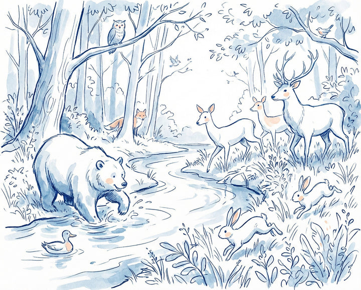 A playful illustration of forest animals including a bear splashing in a stream, deer, rabbits, an owl, a fox, ducks, and birds all gathered in a woodland scene. The blue-toned sketch style adds a gentle and whimsical tone suitable for kids and families.
