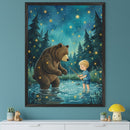 Kid's bedroom with a teal wall. A large framed illustration of a brown bear and a blonde boy fishing in a starry, glowing forest hangs centered above a white dresser. On the dresser are a potted plant, a wooden bear, and a yellow mushroom lamp.