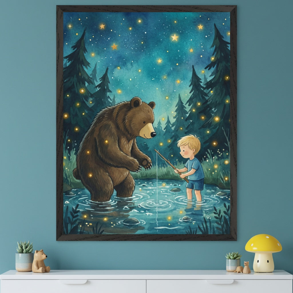 Kid's bedroom with a teal wall. A large framed illustration of a brown bear and a blonde boy fishing in a starry, glowing forest hangs centered above a white dresser. On the dresser are a potted plant, a wooden bear, and a yellow mushroom lamp.